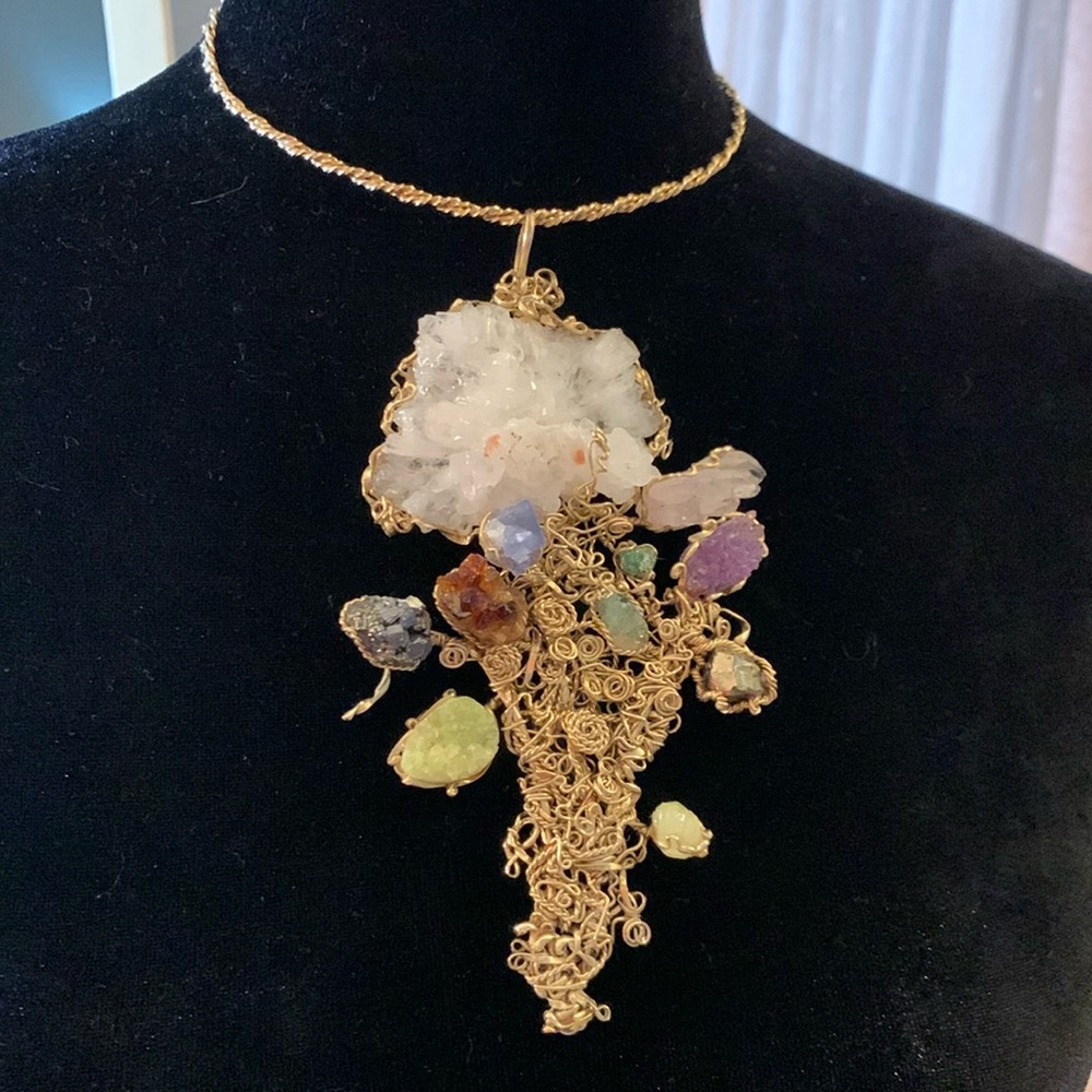Hand Crafted Bent Metal Crystal Tree Of Life Necklace